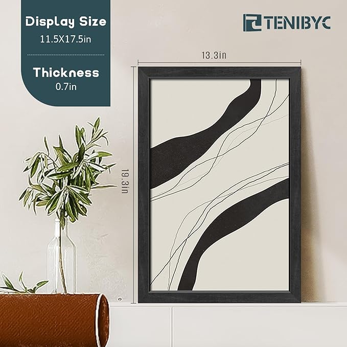 12x18 Frame Set of 4, Textured Black Wood & HD Tempered Glass, 12x18 Poster Picture Frame, Vertical & Horizontal Wall Hanging