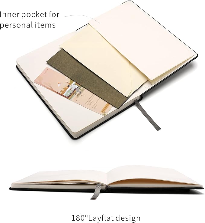 Deziliao Hardcover Notebook Journal 160 Pages, Lined Journal Notebooks for Work, 100Gsm Premium Thick Paper with Pocket, Medium 5.7"x8.4" （Black, Ruled）