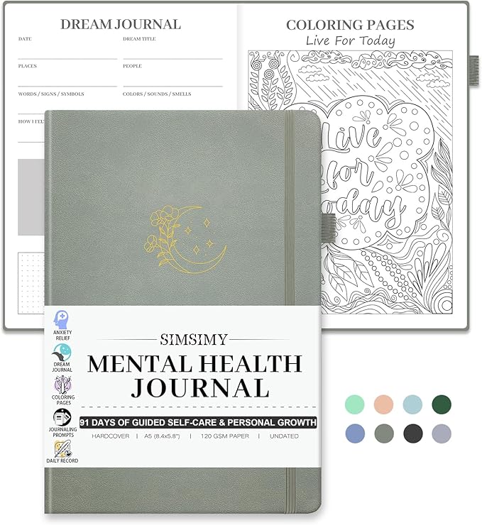 Mental Health Journal, 91-Day Self Care Journal for Women Men, Guided Anxiety & Stress Relief Journal with Mood Tracker, Cognitive Behavioral Therapy Journaling with Mental Health Coloring Pages & Dream Log