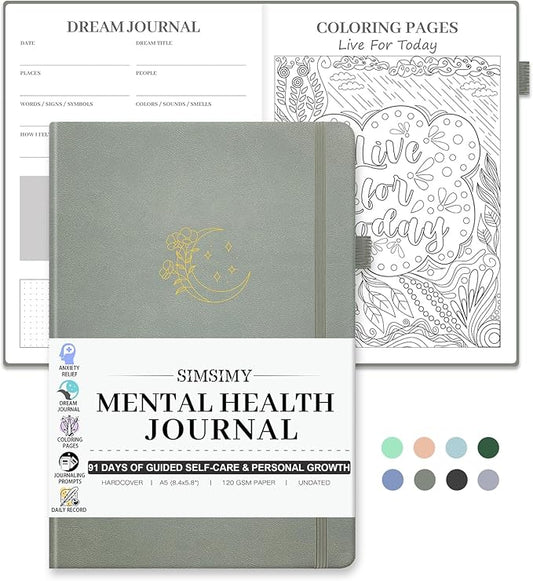 Mental Health Journal, 91-Day Self Care Journal for Women Men, Guided Anxiety & Stress Relief Journal with Mood Tracker, Cognitive Behavioral Therapy Journaling with Mental Health Coloring Pages & Dream Log