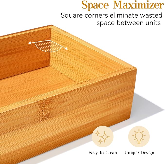 Secura Kitchen Drawer Utensil Organizer Box Set 𝟱 𝗣𝗮𝗰𝗸, Bamboo Utensil Holder Cutlery Makeup Silverware Jewelry Flatware Organization Tray for Kitchen, Bathroom, Office and Living Room