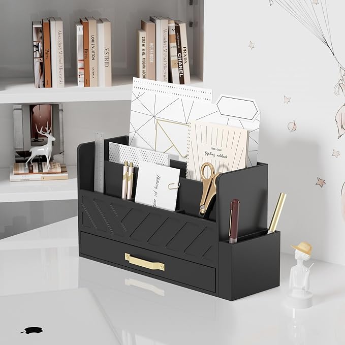 Bamboo Desk Organizer Mail Holder Countertop Wood Desk Drawer Tabletop Storage Box Pen Holder Letter Sorter Makeup Organizer for School Home Office Supplies with Pen Holder Black