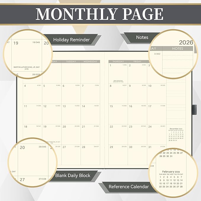 2026 Planner - Weekly and Monthly Planner 2026, 8.5"x11", Jan.2026 - Dec.2026, Leather Hardcover, 12 Monthly Tabs, Pen Loop, Elastic Closure, Pocket, Grey
