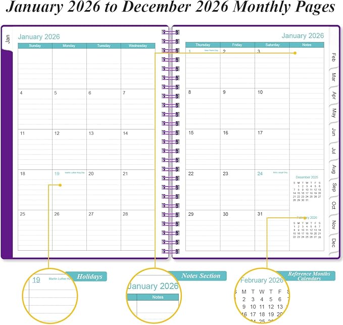 2026 Planner - Planner 2026 from January 2026 - December 2026, Weekly & Monthly Planner Spiral Bound with 12 Monthly Tabs, Inner Pocket, 6.4" x 8.5", Purple-B