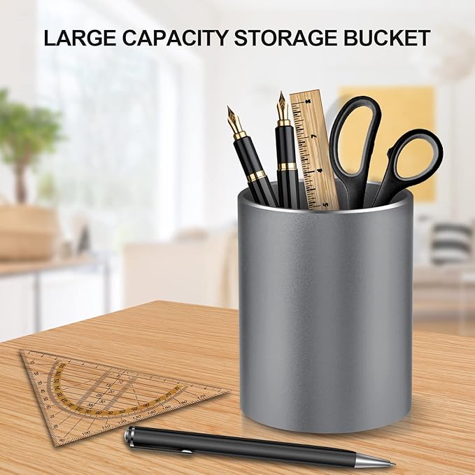 Pen Holder for Desk, Pencil cup Pen Organizer for Desk Metal Pencil Holder Pen Cup and Storage Box for Office, School, Home, and Kids Non-slip silicone bottom 3.93 * 3.14inch (Grey)