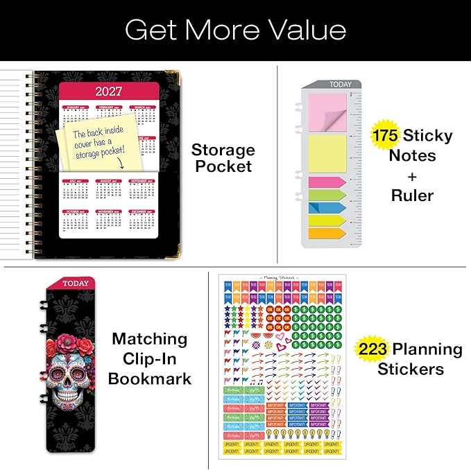 HARDCOVER 2026 Planner, 8.5"x11": 14 Months (November 2025 - December 2026), Daily Weekly Monthly Planner, Yearly Agenda, Bookmark, Pocket Folder and Sticky Note Set (Sugar Skull)