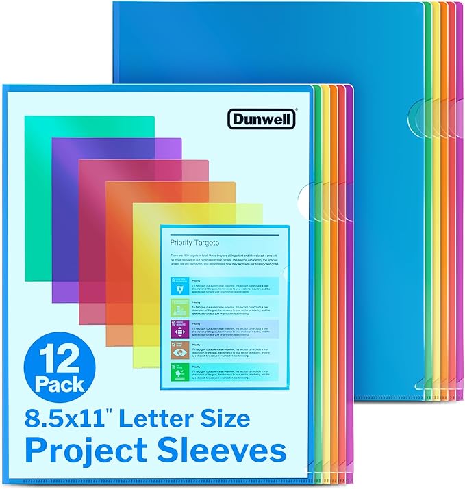 Dunwell Clear Plastic Folder Sleeves (12 Pack, Assorted Colors), Acid-Free Poly Project Sleeves, File Jackets for Letter Size 8.5x11 Documents