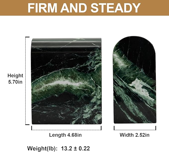 Koville Italian Natural Marble Bookends for Shelves, 13LBS Ultra Non-Slip Book Ends, Heavy Duty Marble Book Holders Organizer, Bookshelf Apartment Decor for Movies/CDs/Video Games(Verde Remeggiato)