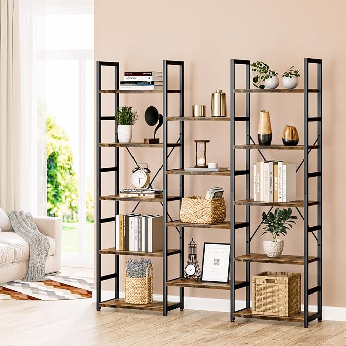 NUMENN Triple Column 5 Tier Bookshelf, Bookcase with 14 Open Display Shelves, Adjustable Rustic Industrial Style Book Shelves, Modern Bookshelves for Bedroom, Living Room and Home Office, Vintage