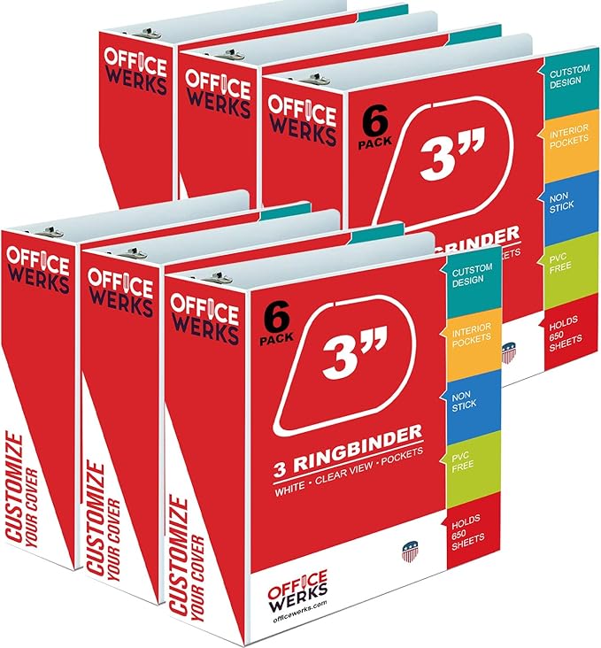 3 Ring Binder, 3" Professional Angle D-Rings, Presentation Folder for Standard Pages with Inside Pockets, Customizable Clear View White Binder (6 Pack)