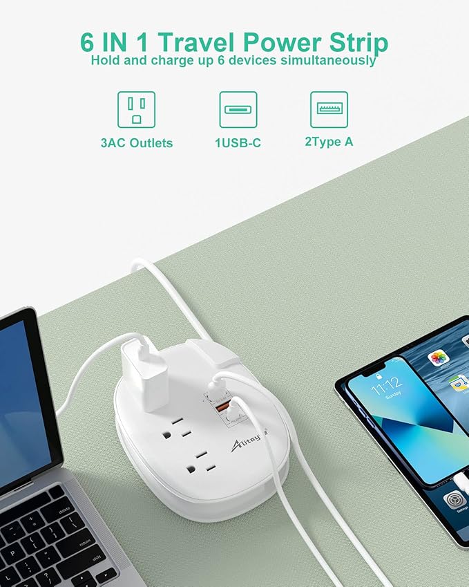 Alitayee 20W USB C Power Strip with 3 Outlets and USB C Fast Charging for iPhone, QC 3.0 Charger, Flat Plug and 3ft Wrapped Around Extension Cord for Cruise Travel Home Office Dorm