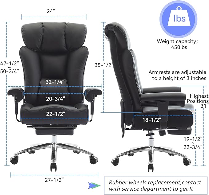 Efomao Ergonomic Office Chair 450LBS with Foot Rest, High Back PU Leather Executive Office Chair with Adjustable Armrests, Lumbar Support for Home or Work, Computer Chair, Black