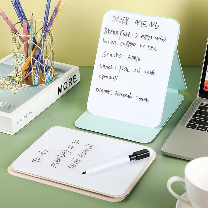 2 Pcs Small Glass Desktop Whiteboard with Reversable Stand 8 x 6 Inch Mini Dry Erase White Board Easel with 2 Markers Reusable Desk Notepad for Home Office School Supplies(Pink, Green)