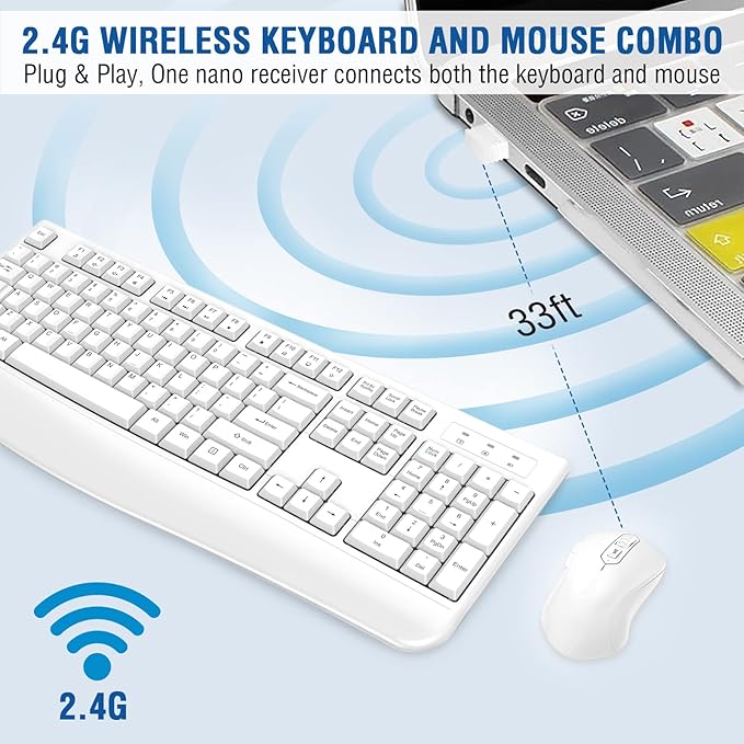 Wireless Keyboard and Mouse Combo, EDJO Full-Sized Ergonomic Computer Keyboard with Wrist Rest and 3 Level DPI Adjustable Wireless Mouse for Windows, Mac OS Desktop/Laptop/PC (White)