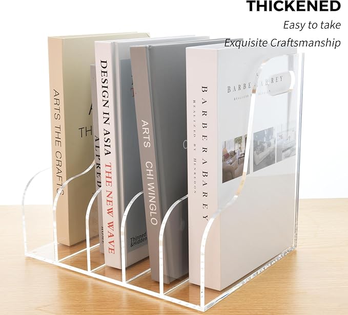 5 Vertical Compartments File Holder, Clear Acrylic Desk Organizer and Storage Bins Holding for Magazines, Binders, Notebooks, Envelopes, Multi-purpose Document Organizer for Home Office