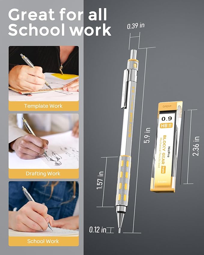 Nicpro Blocky Gear 0.9 mm Mechanical Pencils Set in Case, Metal Pencil with 0.9mm HB Lead Refills, Eraser for Professional & Adult Art Writing Drafting Drawing