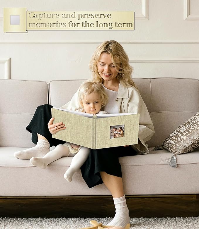 Photo Album Self Adhesive Scrapbook Album for 3x5 4x6 5x7 8x10 Pictures,120 Pages Linen Cover with Display Window DIY Photo Book,Ideal Gifts for Family Travel Wedding Baby