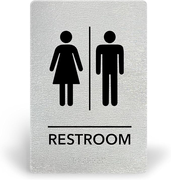 Promot Unisex Bathroom Sign – ADA Braille Restroom Sign for Business, Self-Adhesive, 9" x 6", Commercial Door Signage, Office Wall Decor - Brushed Steel