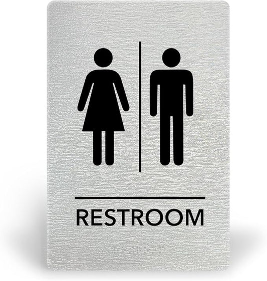 Promot Unisex Bathroom Sign – ADA Braille Restroom Sign for Business, Self-Adhesive, 9" x 6", Commercial Door Signage, Office Wall Decor - Brushed Steel