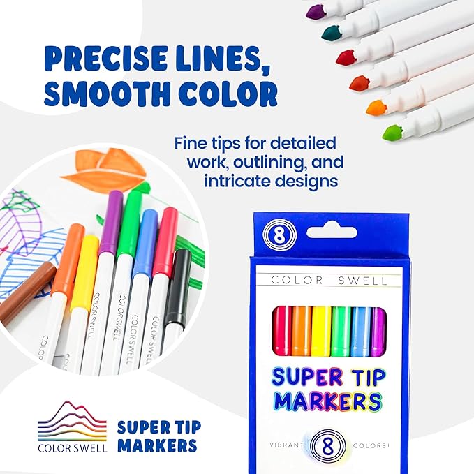Color Swell 8-Pack Super Tip Markers – Washable, Non-Toxic, Ideal for Kids, Students, Adults, and Classroom Activities