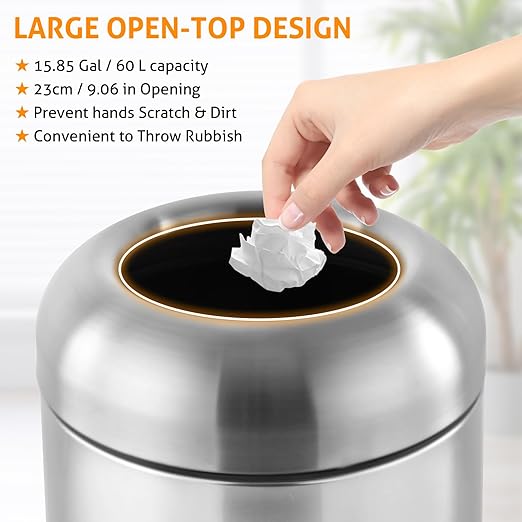 WICHEMI 16 Gallon Commercial Large Trash Can, Bullet Outdoor Trash Bin with Open Top Lid, Brushed Stainless Steel Garbage Can, Silver