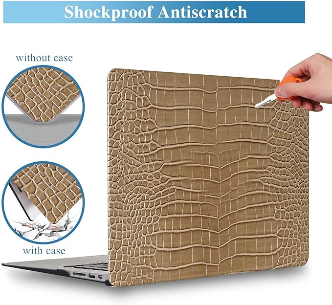 KEROM Compatible with Crocodile MacBook Air 13 Inch Case 2025-2022 M4 M3 M2 A3240 A3113 A2681, Textured Elegant Luxury Aligator Skin Snakeskin PU Leather Hardshell Case & Keyboard Cover, Brown