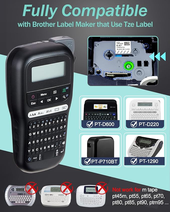 TZe-131 12mm 0.47 Black Ink on Clear Tape Compatible with Brother Label Maker Tape Clear 12mm 0.47 Laminated for Brother P Touch PTD220 PTD210 PTH110 PTD600, 1/2 in x 26.2 ft, 4-Pack