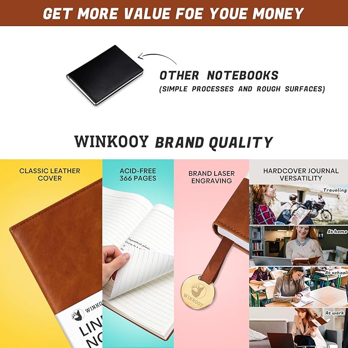 Lined Journal Notebook, 366 Pages, 100Gsm Leather Hardcover Journals for Writing Thick A5 College Ruled Classic Notebook with Pen Loop, Daily Journal for Women Men Travel Business Work Office