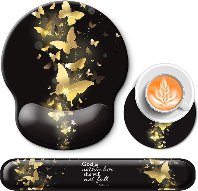 Mouse Pad and Keyboard Wrist Rest Support, with Non-Slip PU Base,Gel Mouse Pad with Coaster,Pain Relief for Gaming, Computer,Office -Golden Butterflies
