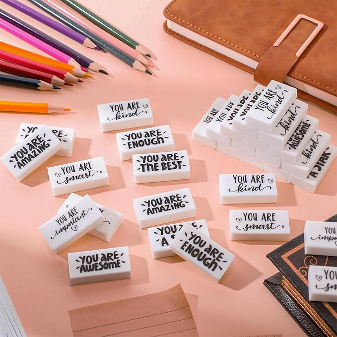 PerKoop 200 Pcs Back to School Inspirational Small Pencil Erasers Bulk for Kids, White Cute Fun Motivational Erasers Gifts for Teachers Students Classroom Reward First Day of School Supplies