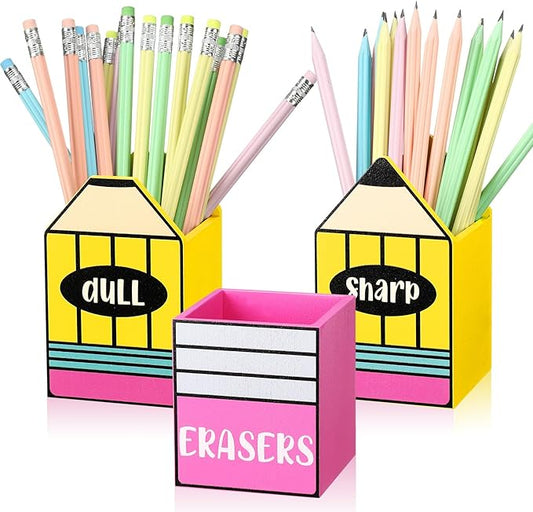 3 Pcs Sharp and Dull Pencil Holder Eraser Buckets Wooden Shaped Dispenser Finished Pen Holder No Diy for Back to School Teachers Classroom Management(Stylish)