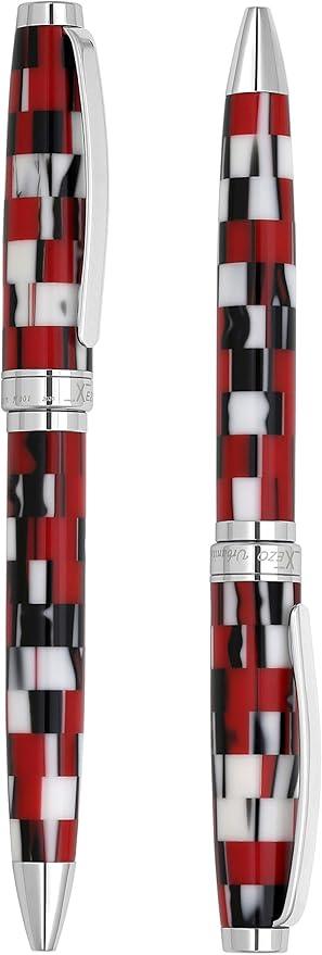 Xezo Urbanite II Ballpoint Pen, Medium Point. Sporty Red, Black, and White Checkered Acrylic on Brass. Chrome Plated. Handcrafted, Limited Edition, Serialized
