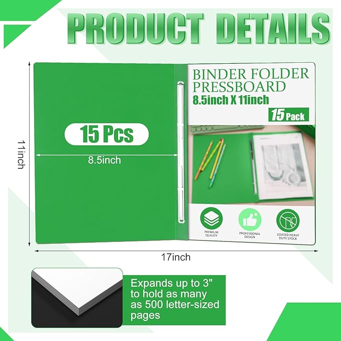 Zhanmai 15 Packs 8.5'' x 11'' Pressboard Report Covers, Metal Prong Fastener with Compressor, Letter Size 3'' Capacity Presentation Report Folder to Neatly Bind Reports, Proposals, Documents(Green)