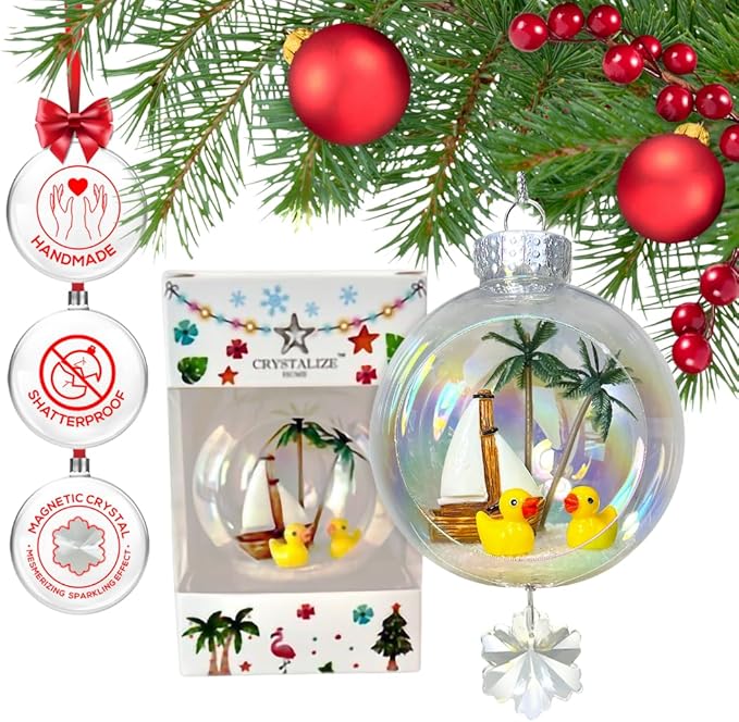 Ducks Christmas Ornament - Handmade Shatterproof Decorations for Indoor Outdoor Xmas Tree - Clear Ball Ornaments with Magnetic Crystal - Great Gift or Stocking Stuffer for Mom, Sister, Friend