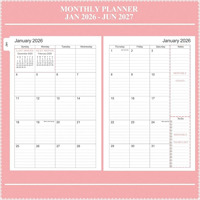 Tiankool Planner 2026-2027 - Jan 2026-Jun 2027 Weekly Monthly Planner with 18 Monthly Tabs, Elastic Closure, Inner Pocket, Round Corner,5.8" x 8.25"- Pink