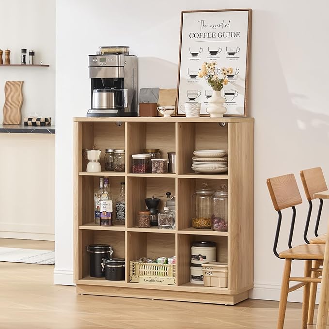 9 Cube Storage Book Shelf, 41" Tall Organizer Bookshelf with Curved Edge, Floor Standing 3-Tier Wood Cubby Bookcase with Base, Modern Display Book Case for Living Room, Home Office,Natural Oak