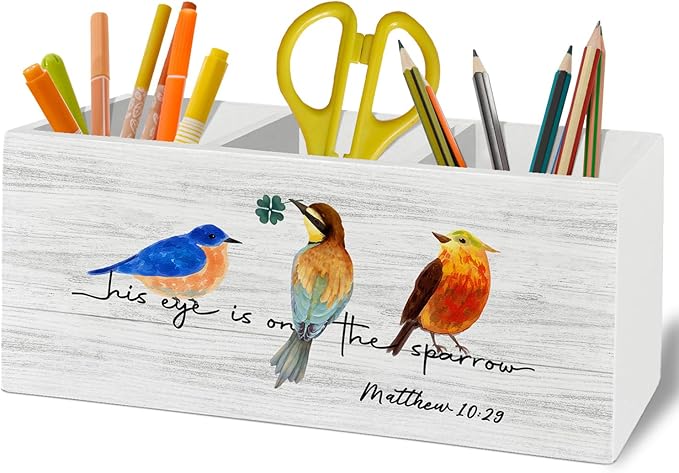 Christian Bird Pen Pencil Holder Organizer for Desk Accessories, Religious Bible Verse Scripture Wooden Box Sign Desk Decor for Home Office Decoration, Bird Lover Gifts