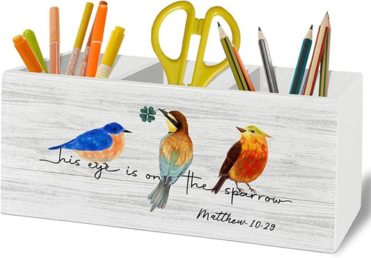 Christian Bird Pen Pencil Holder Organizer for Desk Accessories, Religious Bible Verse Scripture Wooden Box Sign Desk Decor for Home Office Decoration, Bird Lover Gifts