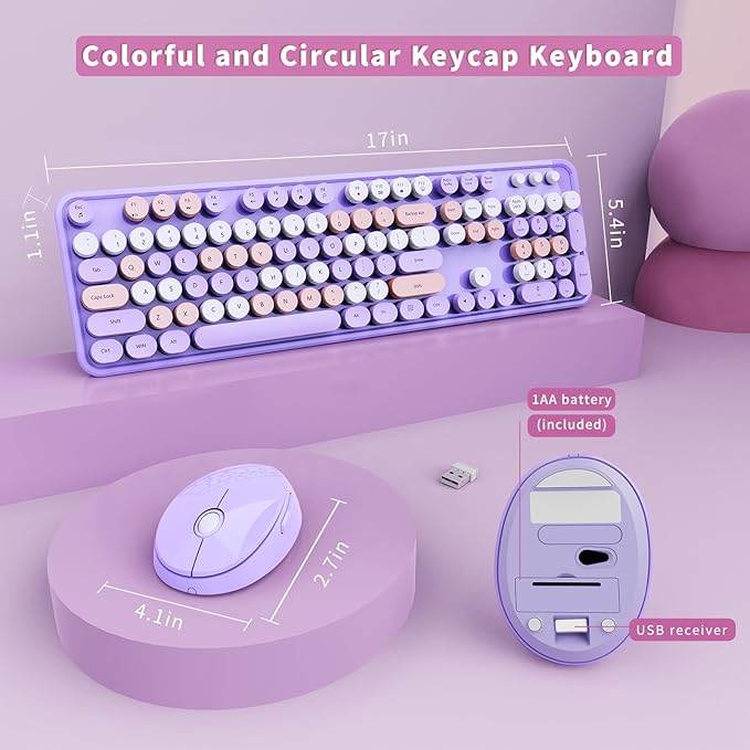 Wireless Keyboard and Mouse Combo, Ergonomic Full Size Typewriter Retro Round Keycaps Keyboard, Compatible with Windows, PC, Perfer for Home and Office Keyboards (Purple