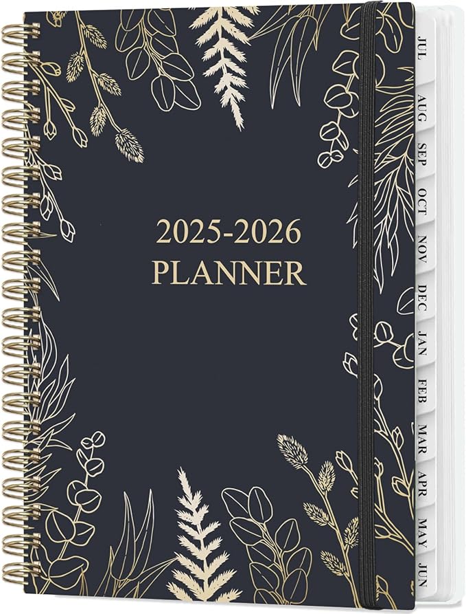 Planner 2025-2026 - Weekly & Monthly Planner from July 2025 to June 2026, Agenda 2025 2026 with Inner Pocket, Elastic Band, 6.4" x 8.5", White Glod Leaf