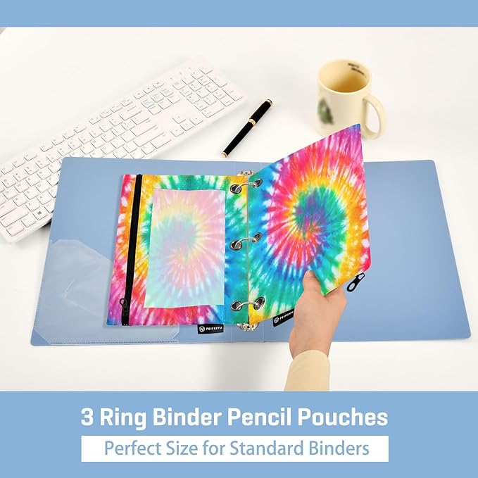 Tie Dye Pencil Pouch for 3 Ring Binder, 2 Pack Waterproof Pencil Bags Clear Window Zipper School Office Supplies