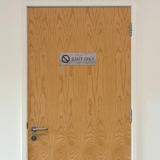 Staff Only Ash Gray Sign / 3" x 9" Easy Adhesive Mount Door And Wall Sign/Professional Faux Wood Design/Small Business Restaurant Office School Customers Prohibited Notice/Made In The USA