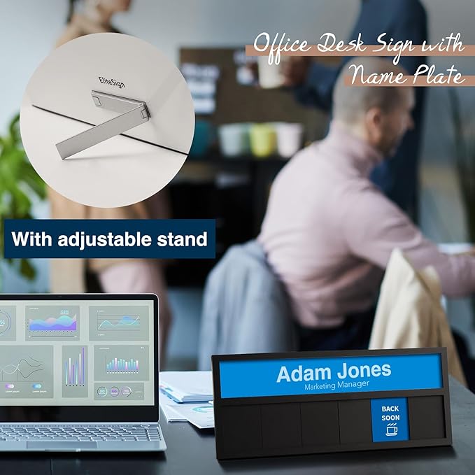 Name Plate for Desk& Office Door Sign, 6 Options Do Not Disturb, In A Meeting, Out of Office, Working Remotely, Please Knock, Stick or Stand with Desk Name Plate, Silver