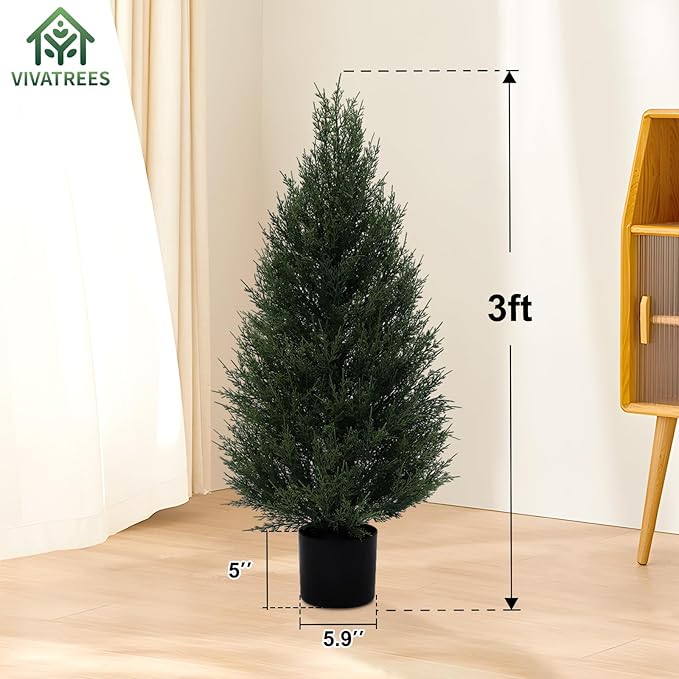 2Pack 3ft Outdoor Artificial Cedar Topiary Trees, All-Weather Faux Pine for Home Porch Entryway Decor