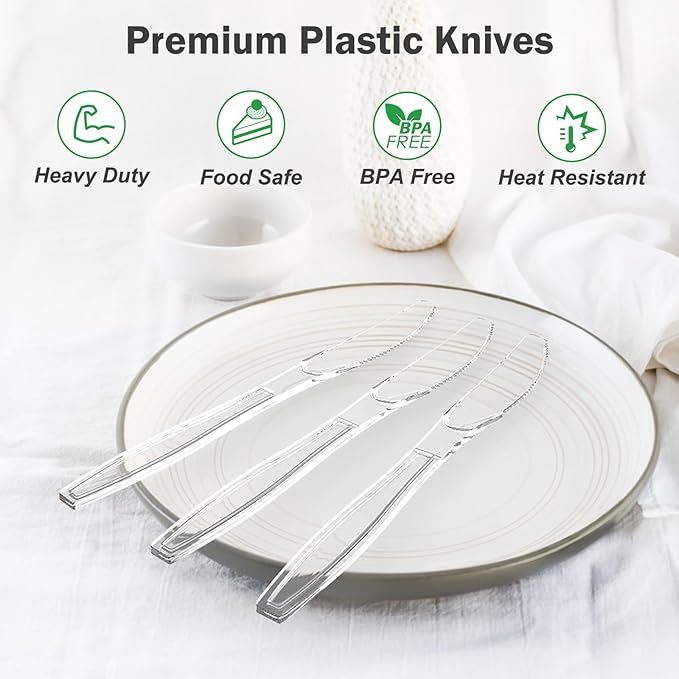 300 Count Extra Heavy Duty Clear Plastic Knives Disposable, BPA-Free, Heat Resistant, Solid and Durable Disposable Knives Bulk, Premium Plastic Knives heavy duty for Party Supply