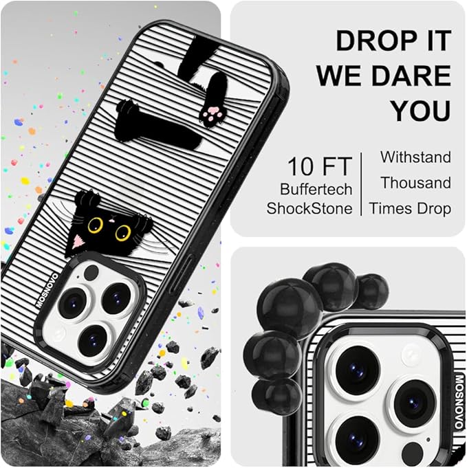 MOSNOVO Case for iPhone 14 Pro, [10ft 4X Military-Grade Drop Protection] Durable & Shockproof Phone Case Cover Design for iPhone 14 Pro - Hidden Black Cat - Clear Black