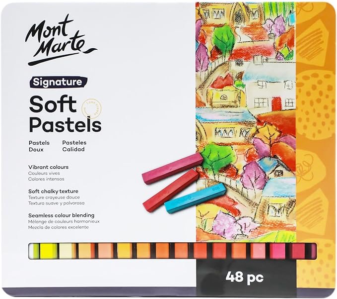 Mont Marte Soft Pastels in Tin Box Signature 48pc, 48 Assorted Colors, Vibrant Pastel Sticks, Great Blending, Comes in Storage Case, Ideal for Art, Craft, Coloring and Sketching