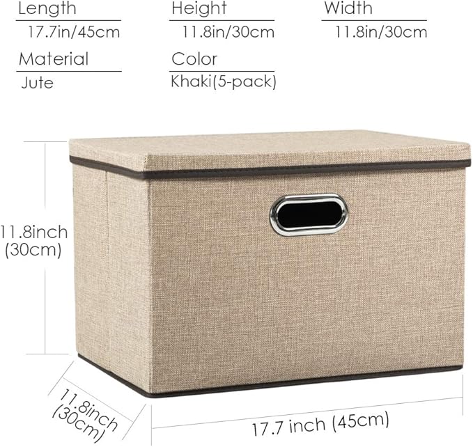 PRANDOM Large Collapsible Storage Baskets with Lids [5-Pack] Jute Fabric Foldable Storage Bins Boxes Organizer Containers Cube with Cover for Home Bedroom Closet Office Nursery (17.7x11.8x11.8)