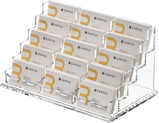 SANRUI Acrylic Multiple Business Card Holder Display for Desk , 15 Slots Business Card Stand , Clear Horizontal 5 Tier Business Card Holders, Holds 750-900 Cards