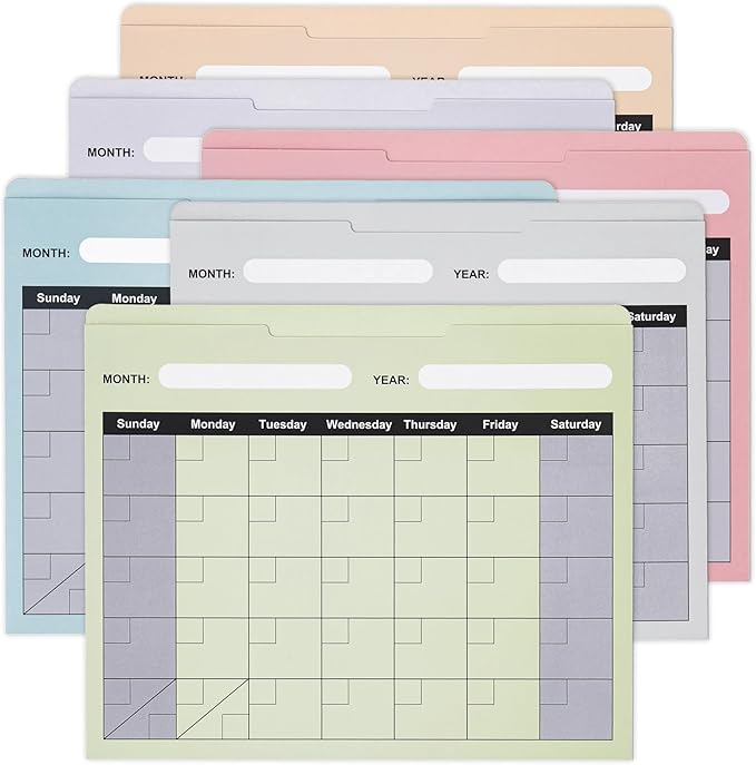 Y YOMA 6 Pack File Folder Jackets Letter Size Paper Pocket File Folder with Reinforced Straight-Cut Tab Pre-Printed Job Folders No Expansion Organizer for Office, Soft Colors, Calendar Design